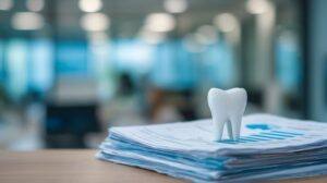 A toothbrush illustration on top of a pile of paperwork on a wooden desk.